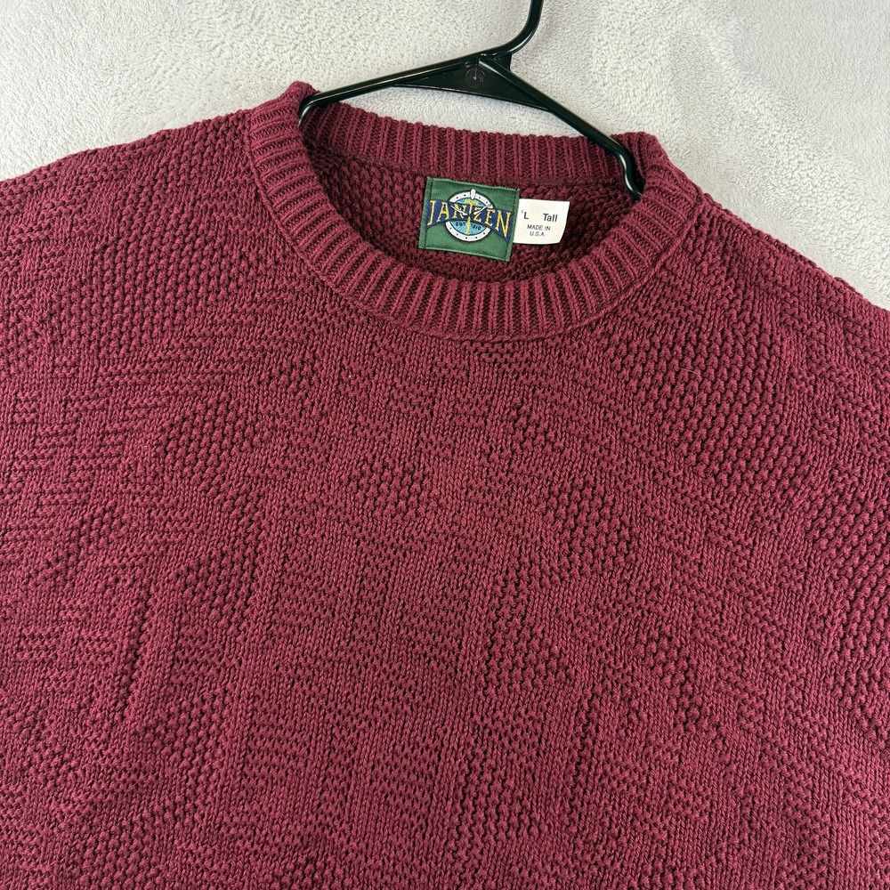 VTG Jantzen Sweater Mens Large Tall Burgundy Geometric Knit Crewneck Made in USA